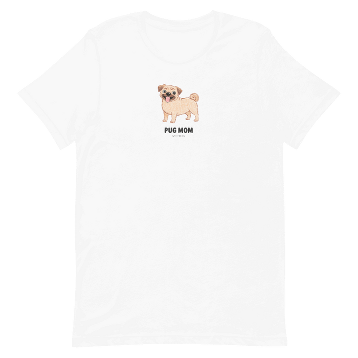 The Sassy Woof Pug Mom Tee is a white unisex dog shirt featuring a cute cartoon pug and bold "PUG MOM" text—perfect for pug lovers.