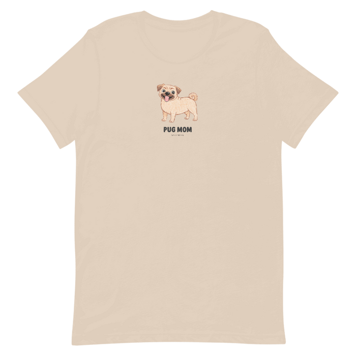 The Sassy Woof Pug Mom Tee is a unisex beige shirt featuring a small tan pug with sunglasses and "Pug Mom" in black on the chest—perfect for any dog lover.