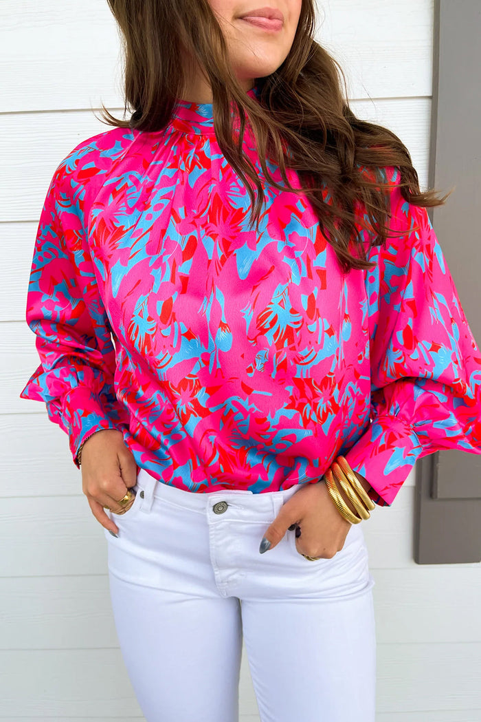 Purple Printed Bubble Sleeve Mock Neck Blouse - PURPLE / S / 100% POLYESTER - Tops/Blouses & Shirts