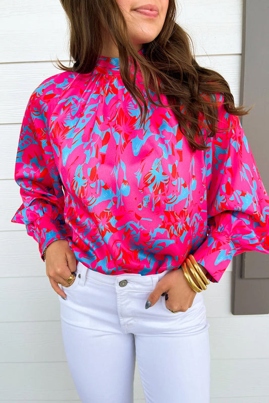 Purple Printed Bubble Sleeve Mock Neck Blouse - PURPLE / S / 100% POLYESTER - Tops/Blouses & Shirts