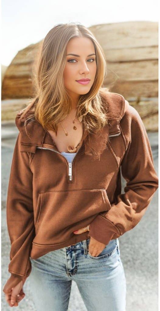 Quarter Zip Brown Hoodie - Intimate Whispers
