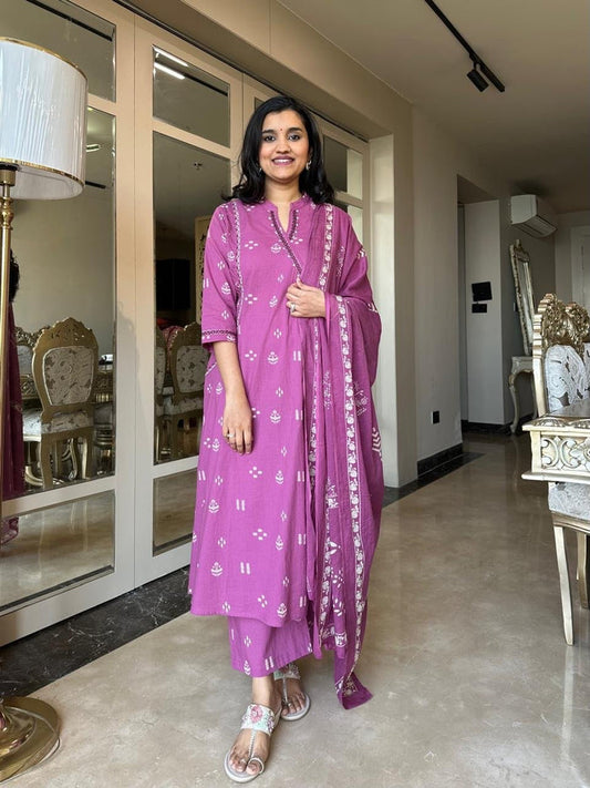 Rahat Angrakha Style Cotton Suit- Pink