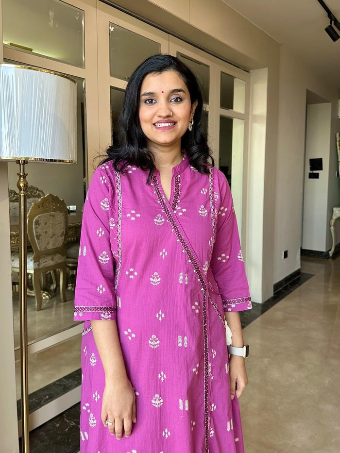 Rahat Angrakha Style Cotton Suit- Pink