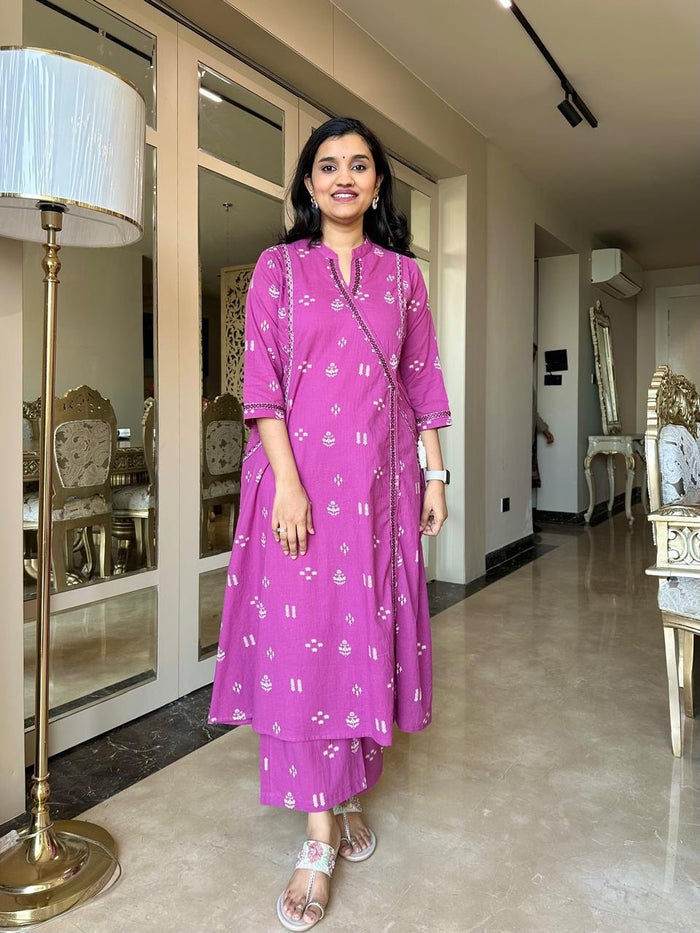 Rahat Angrakha Style Cotton Suit- Pink
