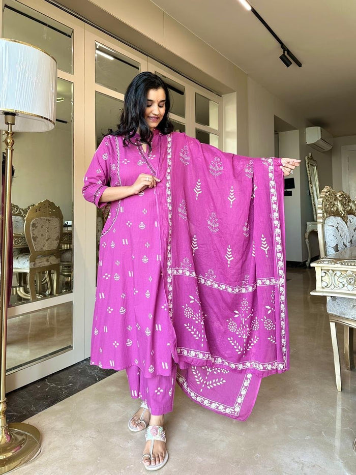 Rahat Angrakha Style Cotton Suit- Pink