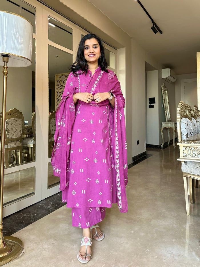 Rahat Angrakha Style Cotton Suit- Pink