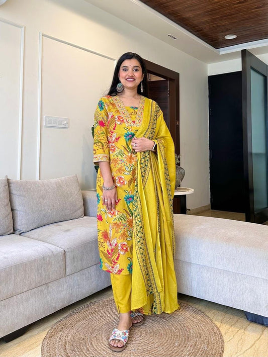Ramya Floral Printed Cotton Suit- Yellow