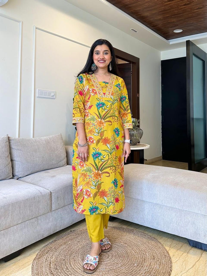 Ramya Floral Printed Cotton Suit- Yellow