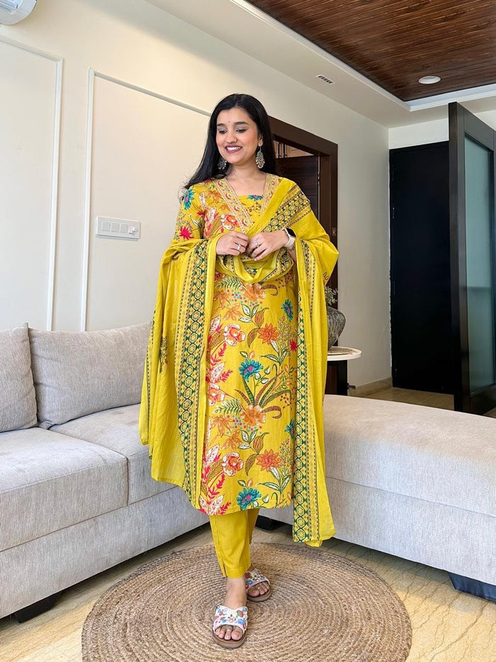 Ramya Floral Printed Cotton Suit- Yellow