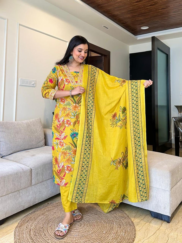 Ramya Floral Printed Cotton Suit- Yellow