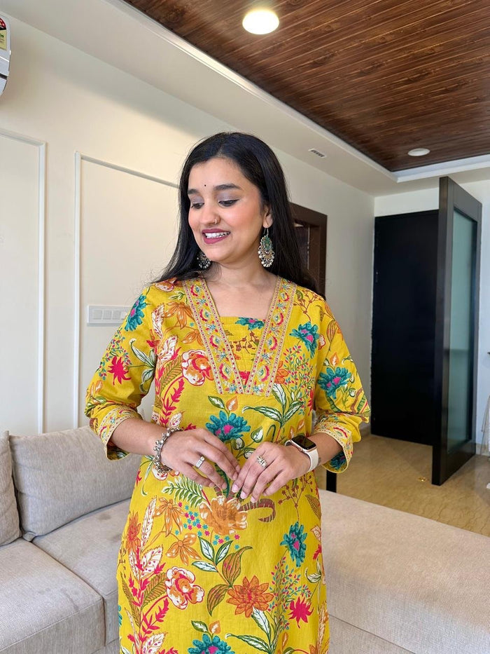 Ramya Floral Printed Cotton Suit- Yellow
