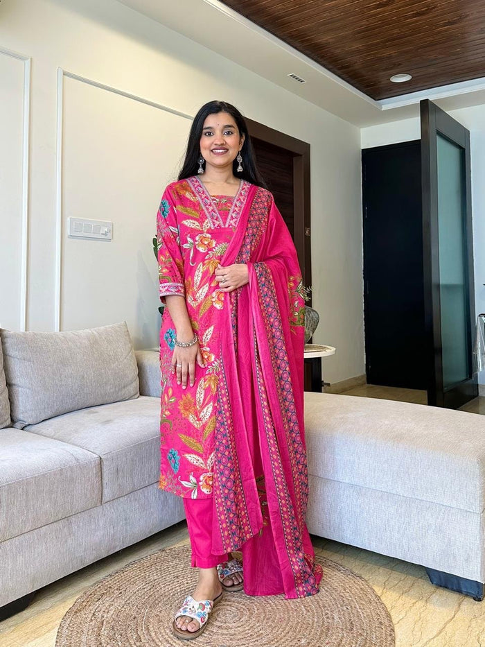 Ramya Floral Printed Cotton Suit-Pink