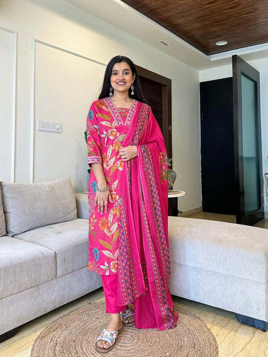 Ramya Floral Printed Cotton Suit-Pink