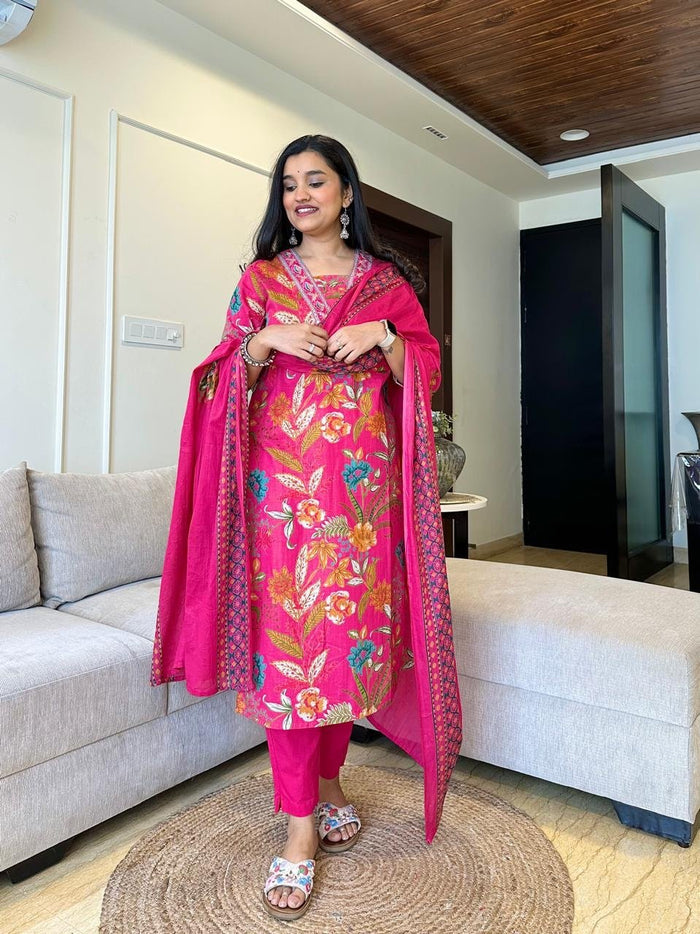 Ramya Floral Printed Cotton Suit-Pink