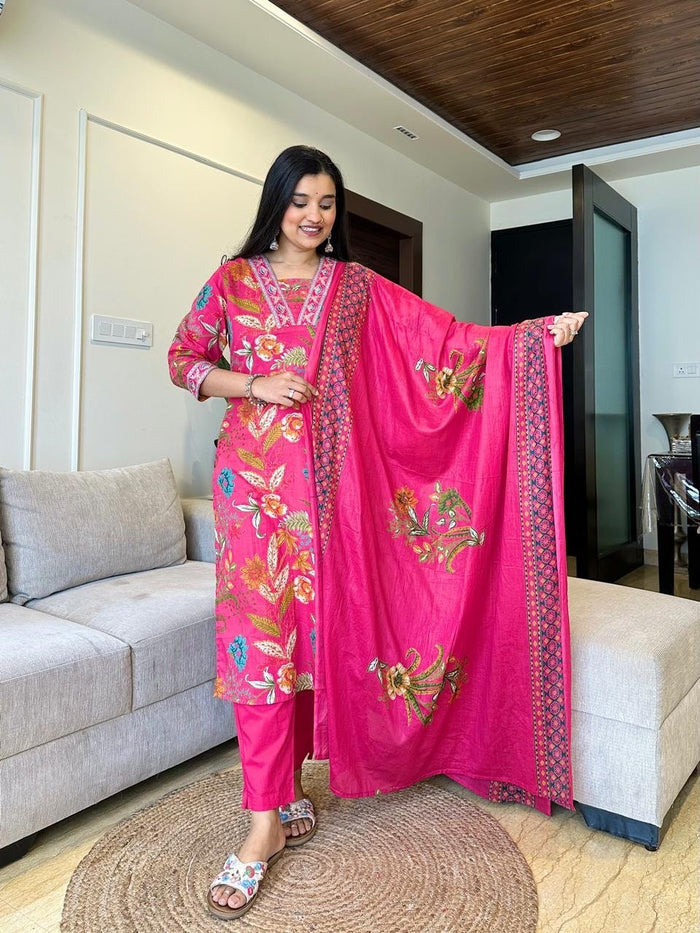 Ramya Floral Printed Cotton Suit-Pink