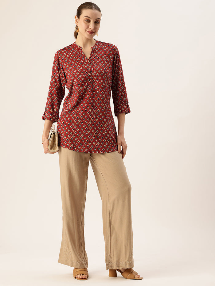 Red Butti Printed Mandarin Collar Tunic, Red Color, Printed Short Kurti, Short Kurti, Collar Neck Kurti