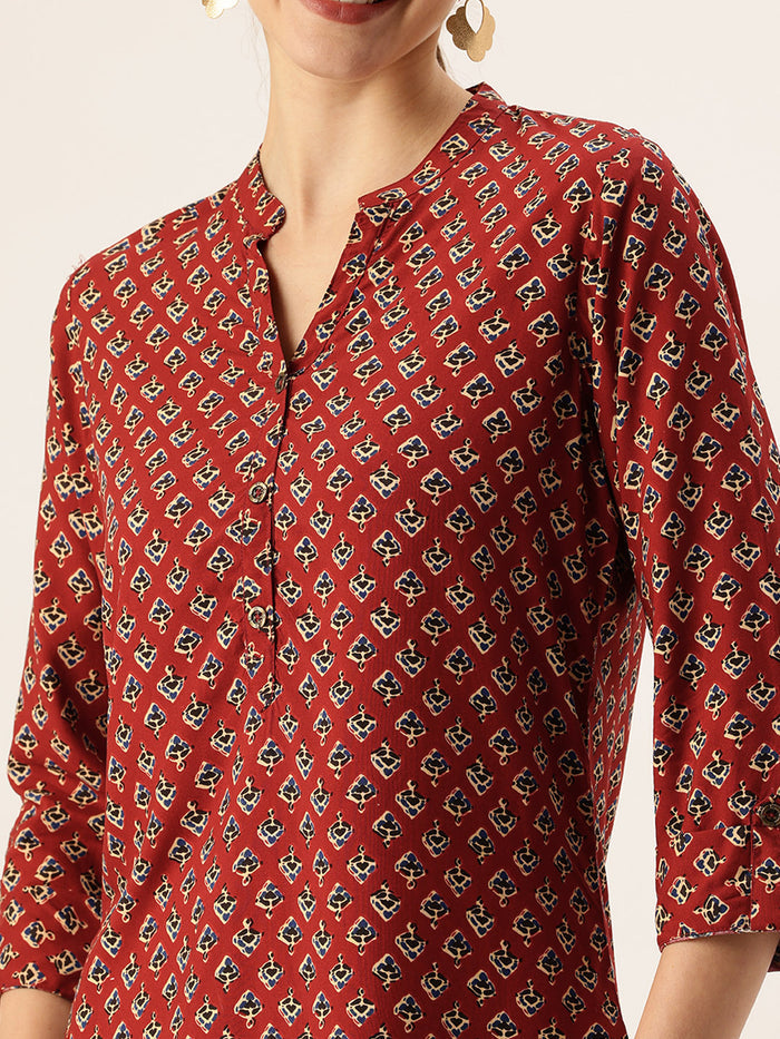 Red Butti Printed Mandarin Collar Tunic