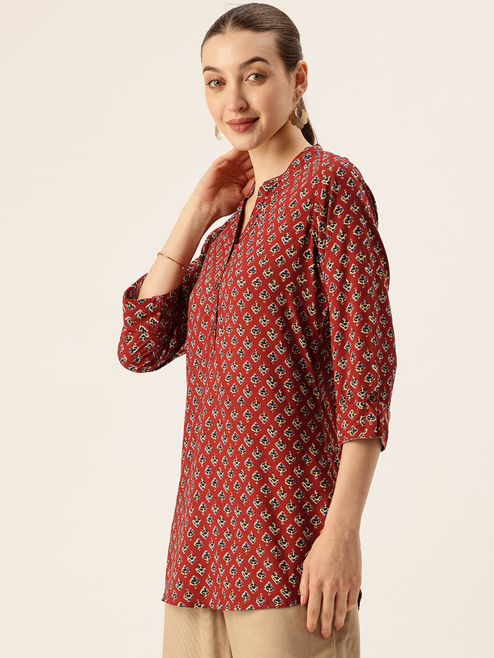 Red Butti Printed Mandarin Collar Tunic