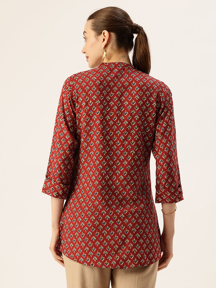 Red Butti Printed Mandarin Collar Tunic