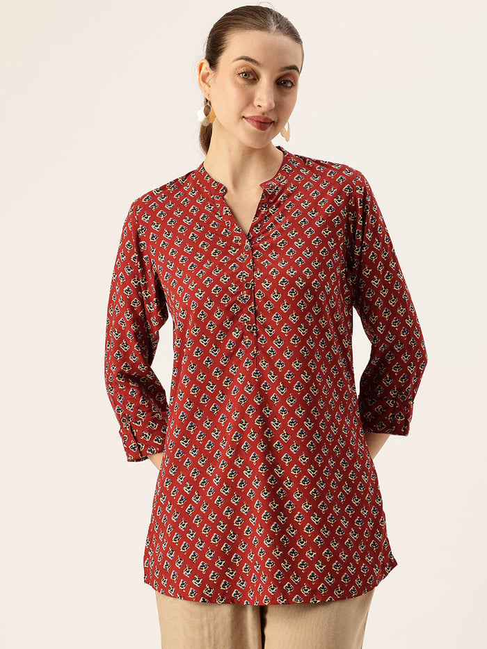 Red Butti Printed Mandarin Collar Tunic
