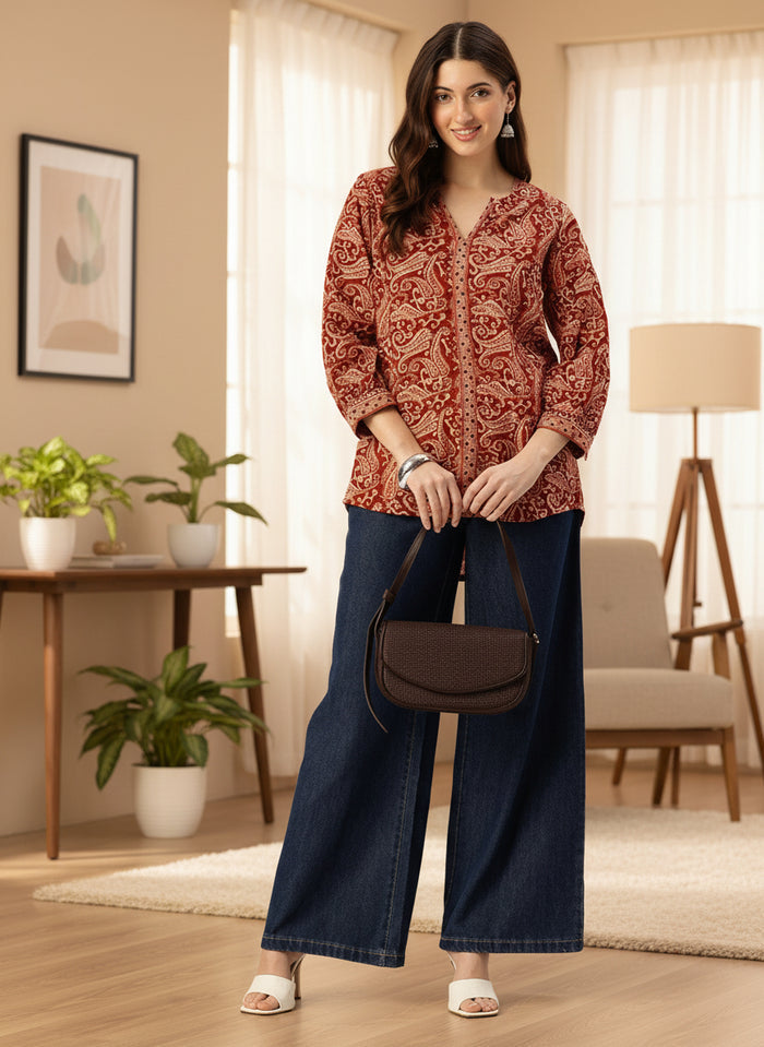 Red Ethnic Printed Tunic, Short Kurta, Red Short Top, Short Top