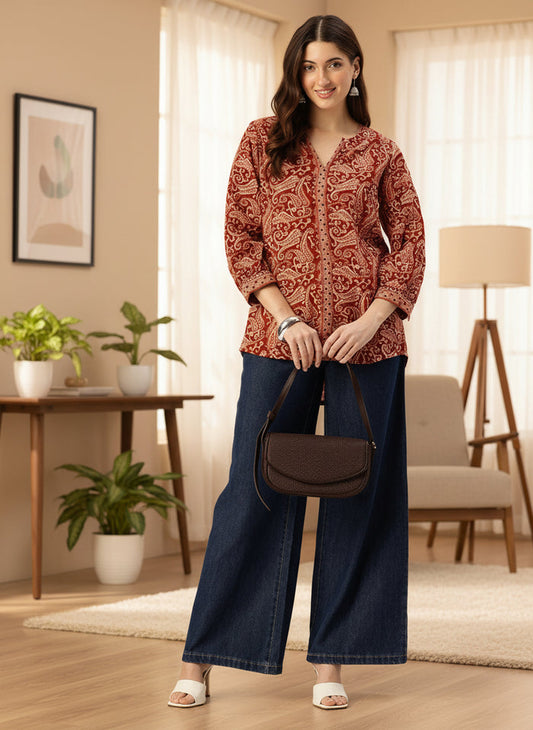 Red Ethnic Printed Tunic, Short Kurta, Red Short Top, Short Top