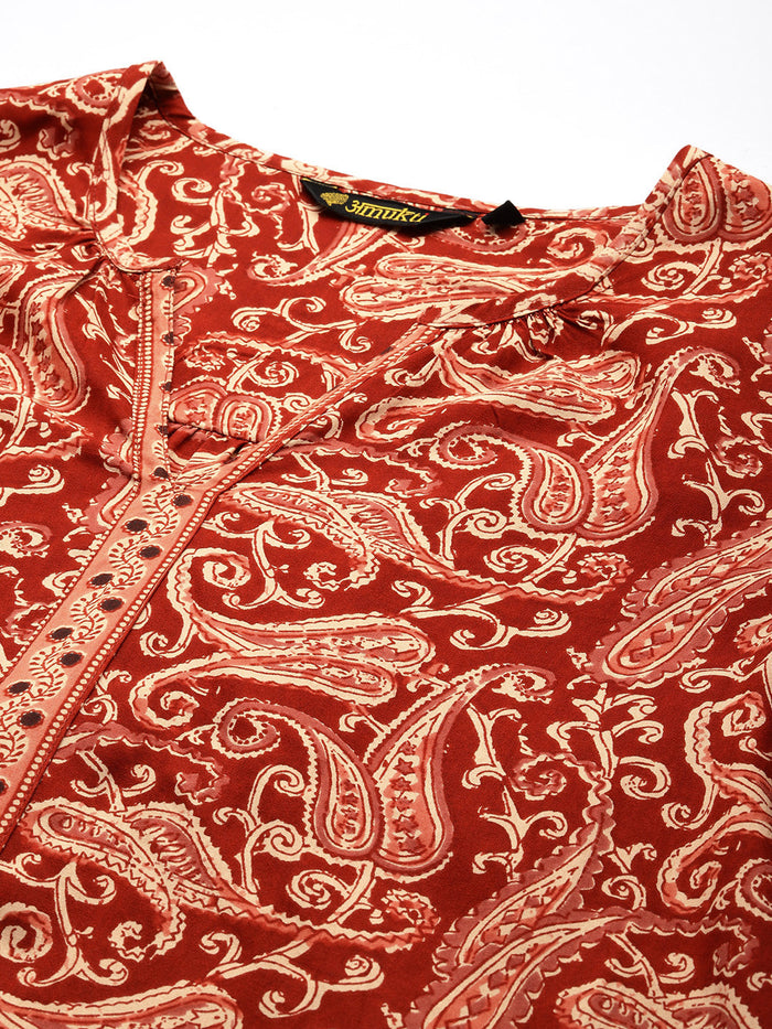 Red Ethnic Printed Tunic, Short Kurta, Red Short Top, Short Top