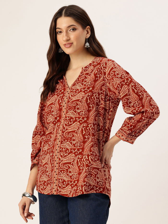 Red Ethnic Printed Tunic, Short Kurta, Red Short Top, Short Top