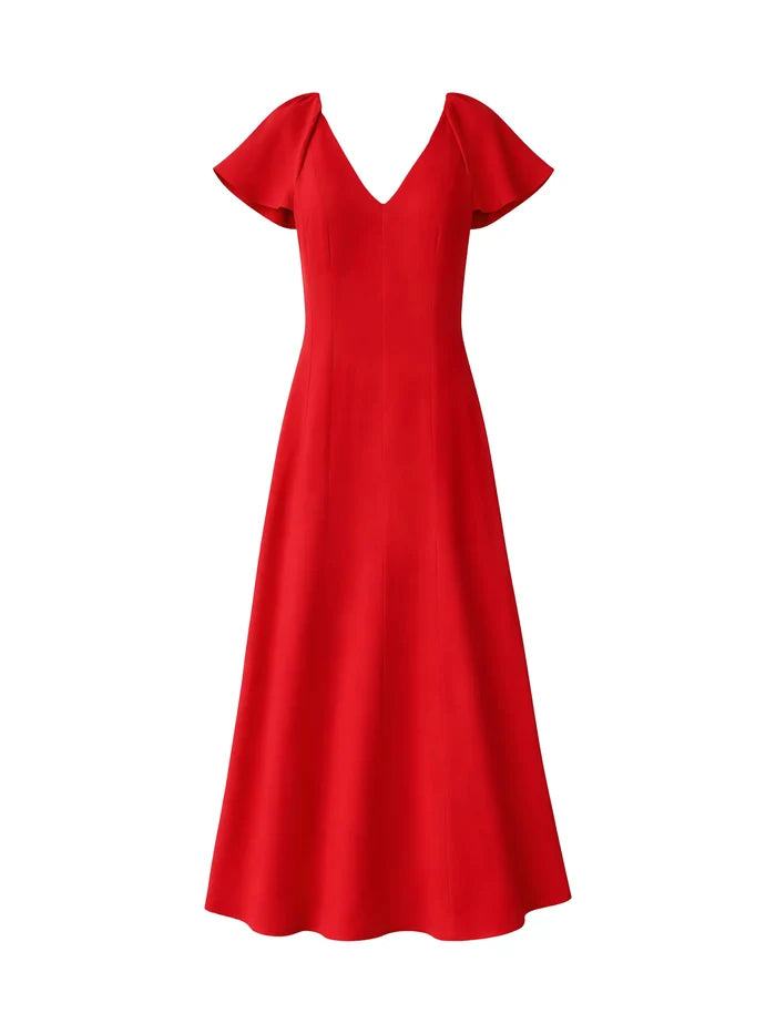 Red Flutter Sleeve Dress With Linen