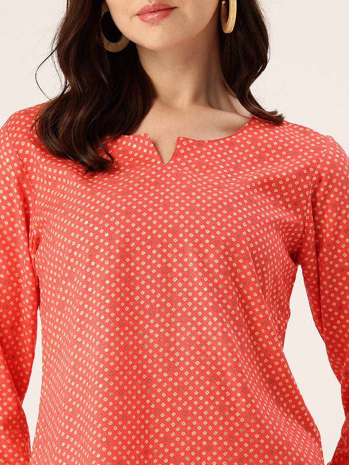 Red Geometric Printed Roll-Up Sleeves Boat Neck Tunic
