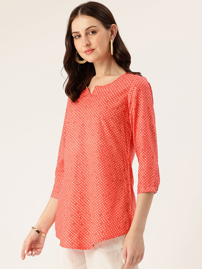 Red Geometric Printed Roll-Up Sleeves Boat Neck Tunic