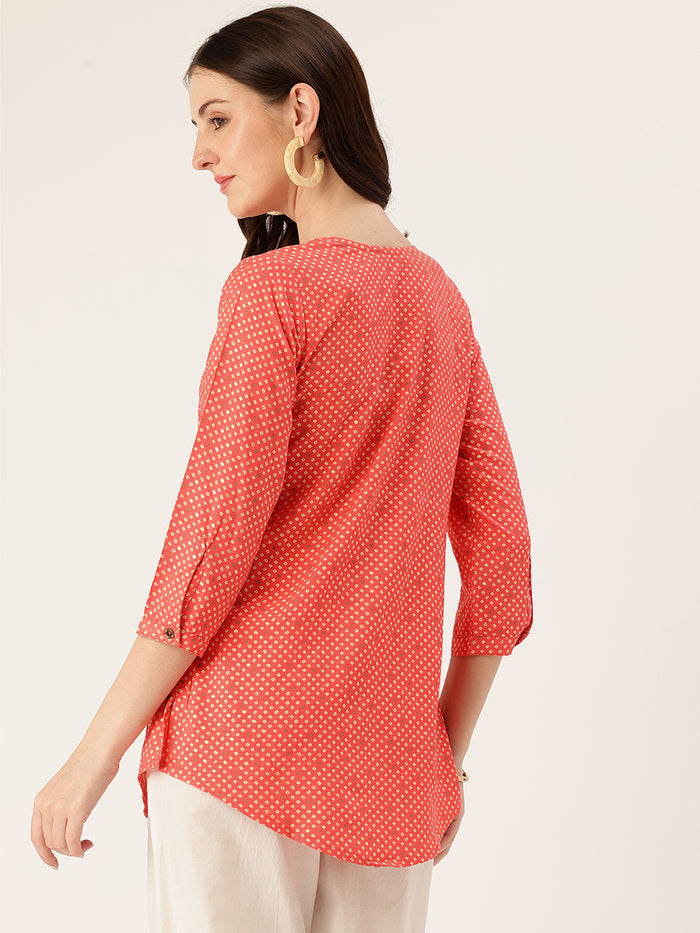 Red Geometric Printed Roll-Up Sleeves Boat Neck Tunic