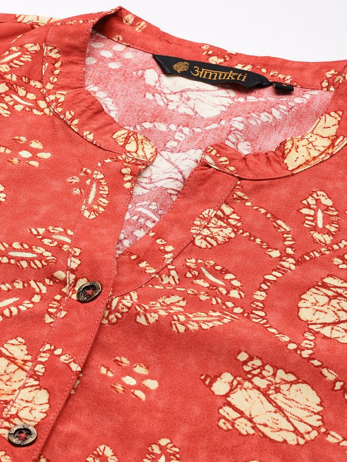 Red Leaf Printed Mandarin Collar Tunic, Leaf Printed Tunic, printed tunic, mandarin collar Tunic, casual wear Tunic, women’s tunic, Office Wear Tunic