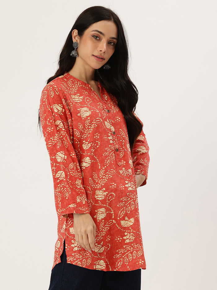 Red Leaf Printed Mandarin Collar Tunic, Leaf Printed Tunic, printed tunic, mandarin collar Tunic, casual wear Tunic, women’s tunic, Office Wear Tunic
