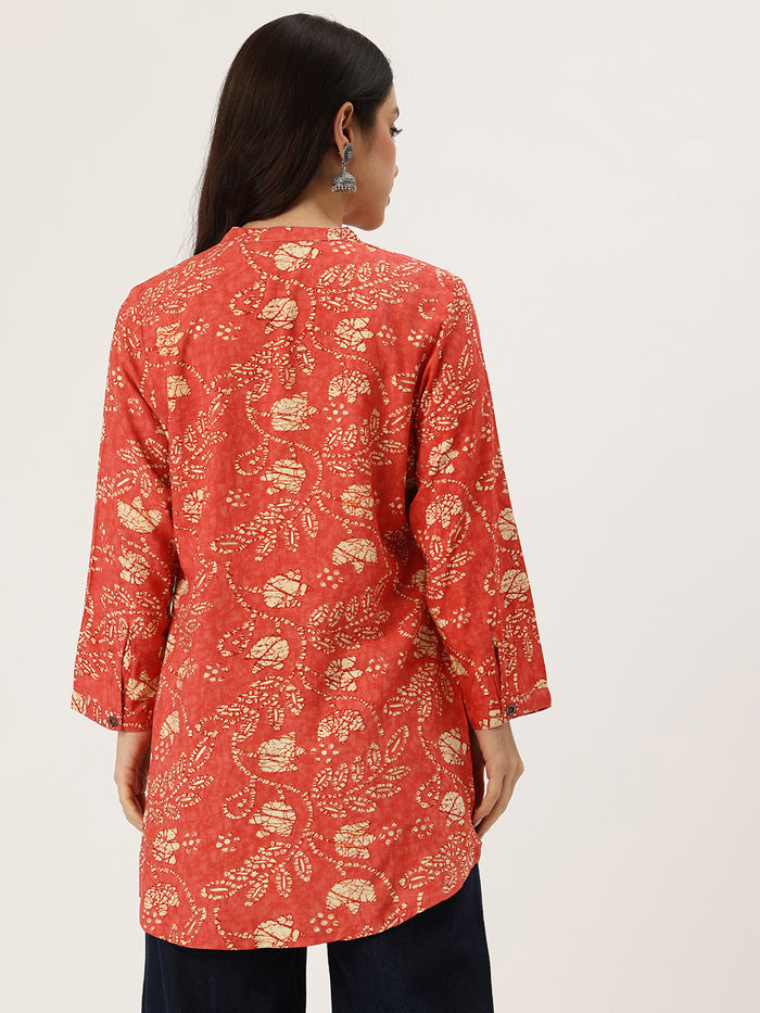 Red Leaf Printed Mandarin Collar Tunic, Leaf Printed Tunic, printed tunic, mandarin collar Tunic, casual wear Tunic, women’s tunic, Office Wear Tunic