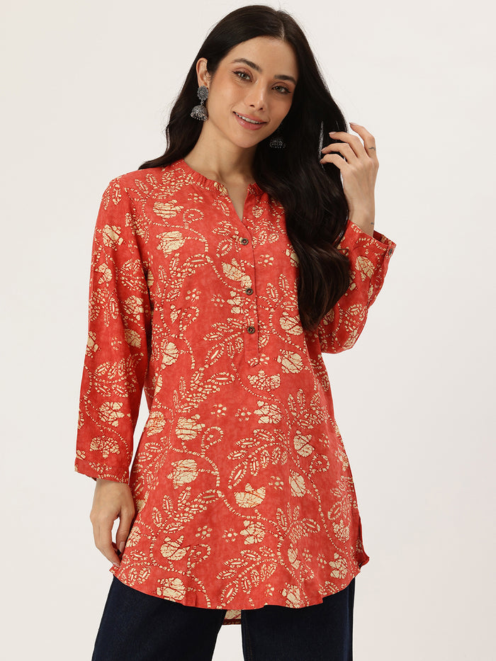 Red Leaf Printed Mandarin Collar Tunic, Leaf Printed Tunic, printed tunic, mandarin collar Tunic, casual wear Tunic, women’s tunic, Office Wear Tunic