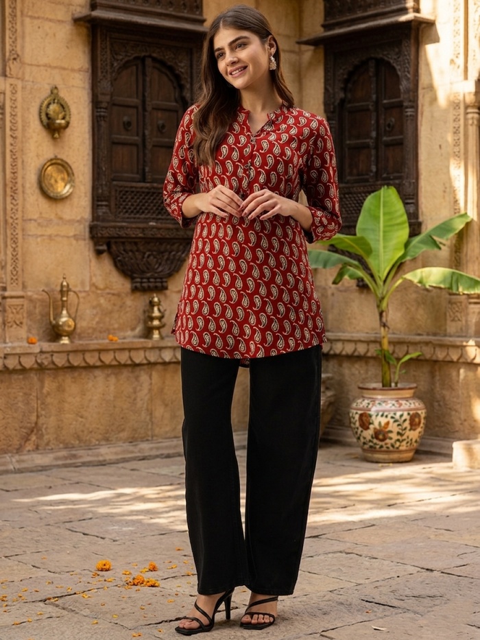 Red Paisley Printed Mandarin Collar Tunic