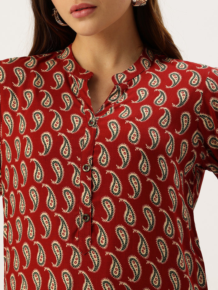 Red Paisley Printed Mandarin Collar Tunic