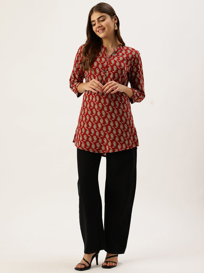 Red Paisley Printed Mandarin Collar Tunic