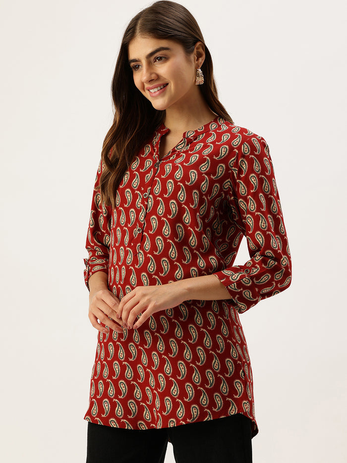 Red Paisley Printed Mandarin Collar Tunic