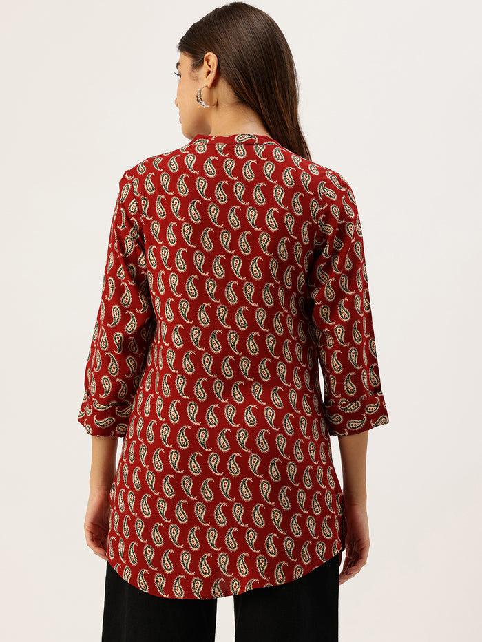 Red Paisley Printed Mandarin Collar Tunic