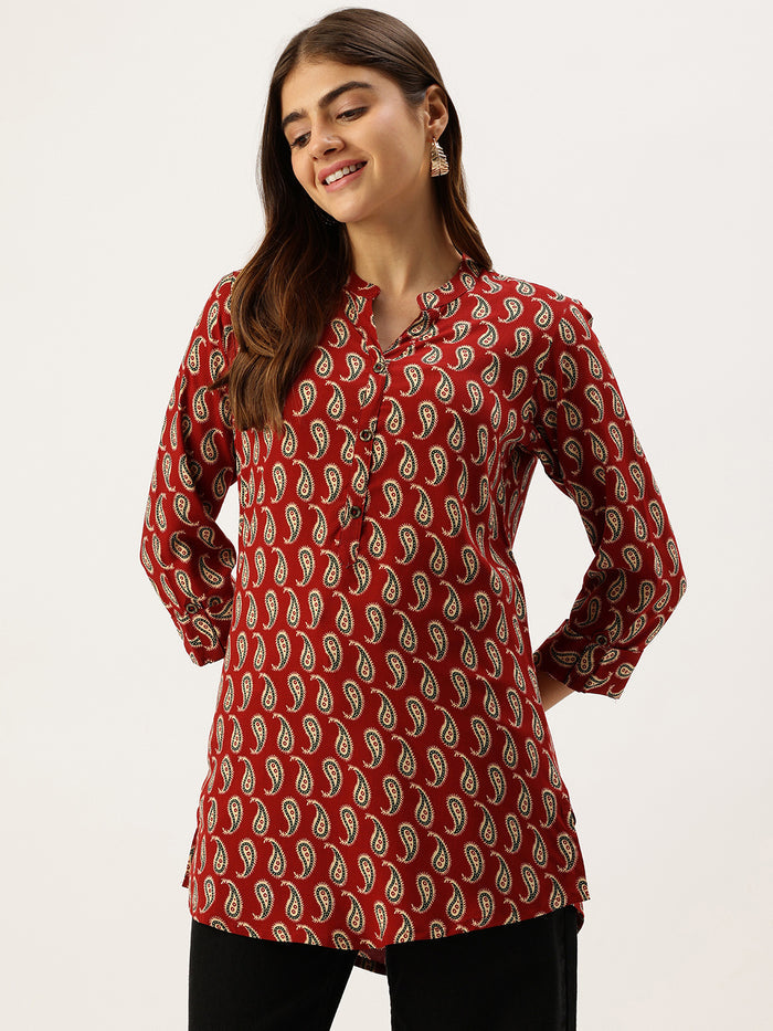 Red Paisley Printed Mandarin Collar Tunic