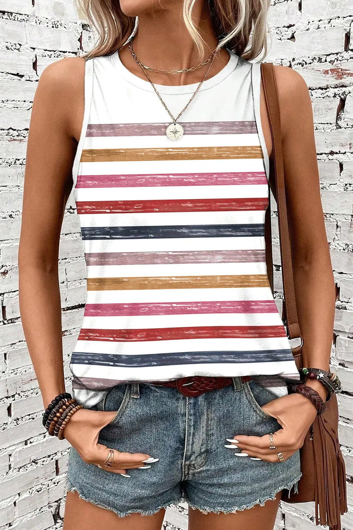 Red Stripe Rainbow Round Neck Tank Top - S / 95% Polyester + 5% Elastane - Tops/Vest Tops