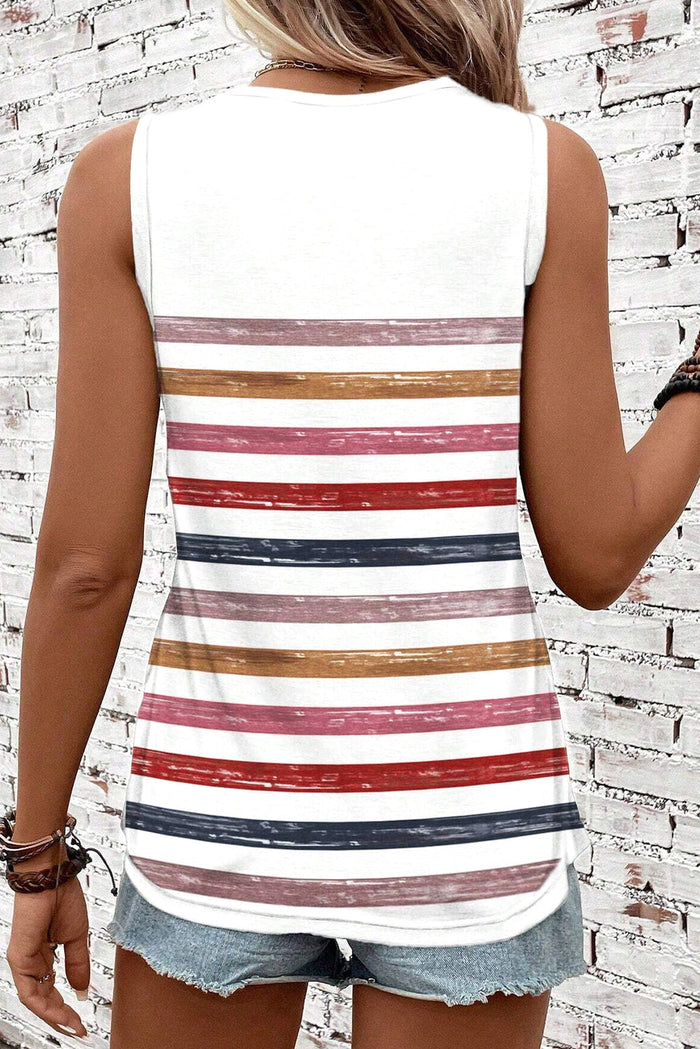 Red Stripe Rainbow Round Neck Tank Top - Tops/Vest Tops