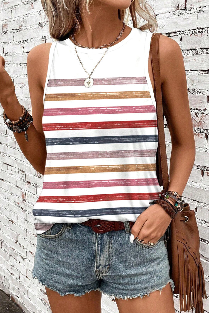 Red Stripe Rainbow Round Neck Tank Top - Tops/Vest Tops