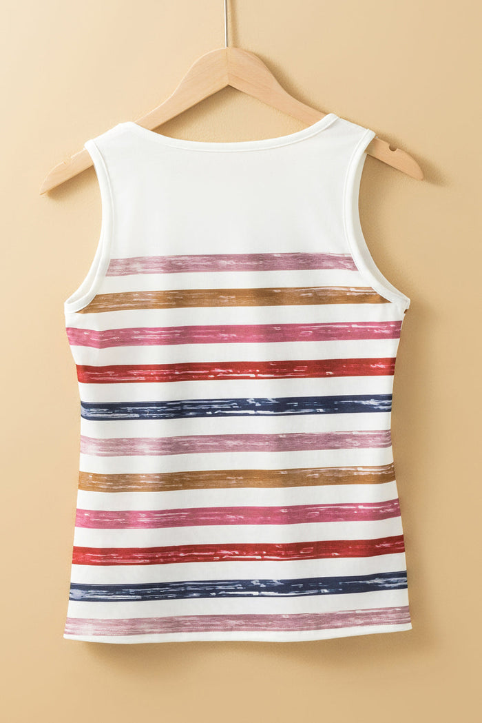 Red Stripe Rainbow Round Neck Tank Top - Tops/Vest Tops