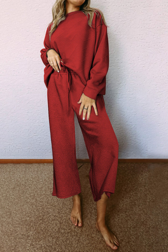Relaxed Fit 2-piece Textured Top and Bottoms Co-ord set - Red / S - Two Piece Sets/Pant Sets