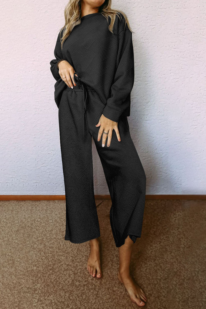 Relaxed Fit 2-piece Textured Top and Bottoms Co-ord set - Black / S - Two Piece Sets/Pant Sets