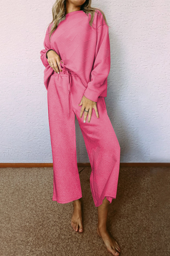 Relaxed Fit 2-piece Textured Top and Bottoms Co-ord set - Pink / S - Two Piece Sets/Pant Sets