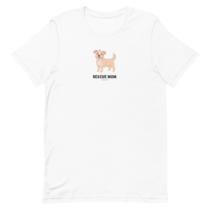 The Sassy Woof Rescue Mom Tee is a white unisex cotton shirt with a tan dog illustration above bold "RESCUE MOM" text, centered on the chest—perfect for proud pet lovers.